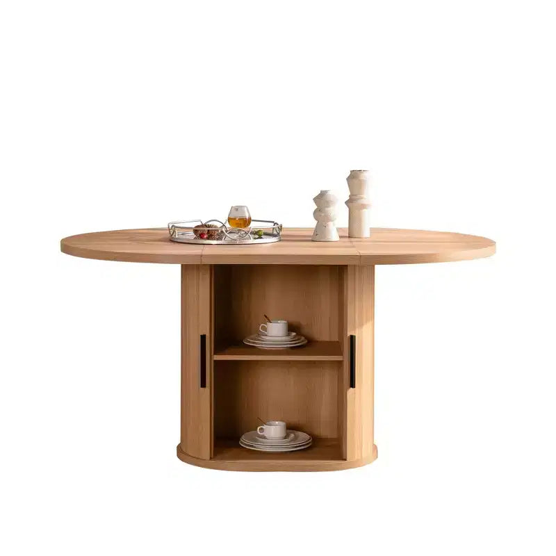 JVNOXK 59-inch Modern Oval Dining Table, Seats 4-6 People, with Double-layer Storage Racks and Wooden Sliding Doors, Ideal for Dining Room, Wood