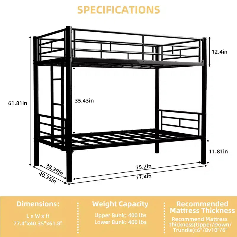 GDFStudio Iqbal Modern Metal Bunk Bed for Kids with Ladder and Guardrail