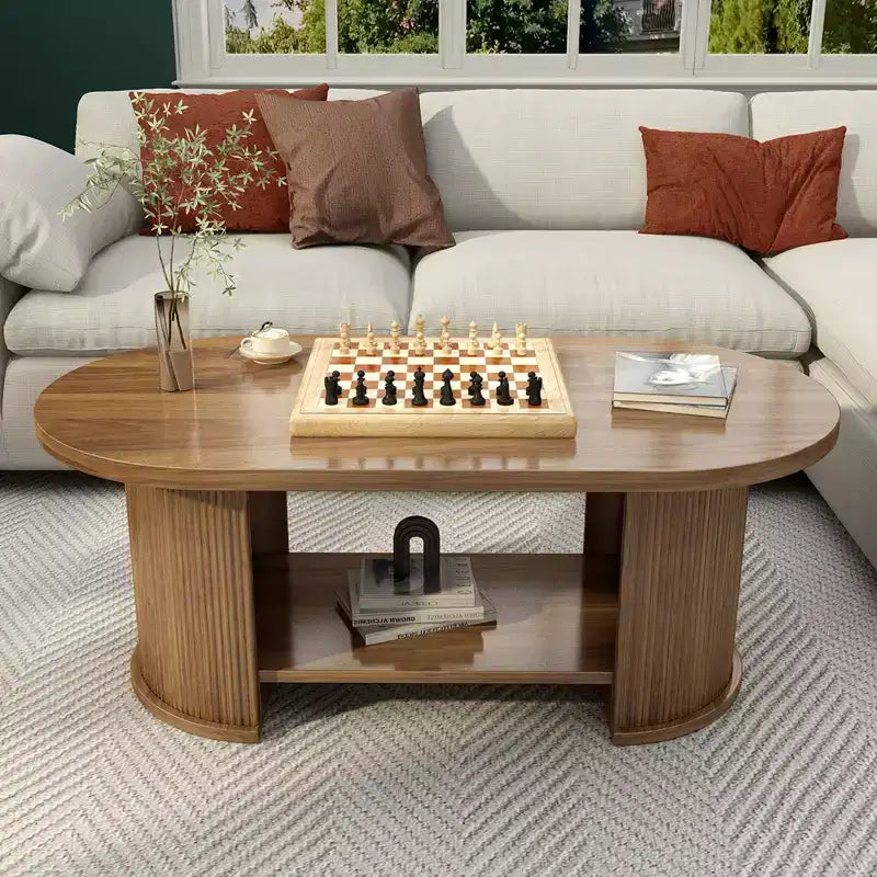 JVNOXK Oval Fluted Coffee Table, 47 Farmhouse-Style Wooden Double-Tier Coffee Table, Mid-Century Modern Coffee Table.