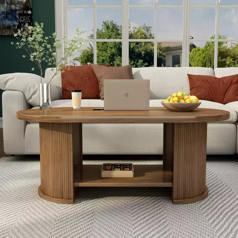 JVNOXK Oval Fluted Coffee Table, 47 Farmhouse-Style Wooden Double-Tier Coffee Table, Mid-Century Modern Coffee Table.