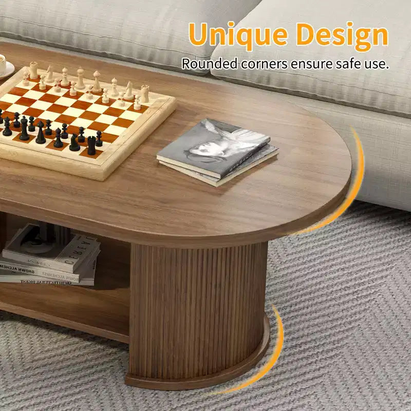 JVNOXK Oval Fluted Coffee Table, 47 Farmhouse-Style Wooden Double-Tier Coffee Table, Mid-Century Modern Coffee Table.
