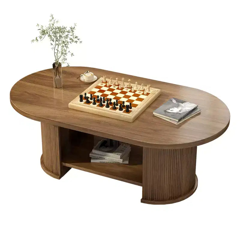 JVNOXK Oval Fluted Coffee Table, 47 Farmhouse-Style Wooden Double-Tier Coffee Table, Mid-Century Modern Coffee Table.