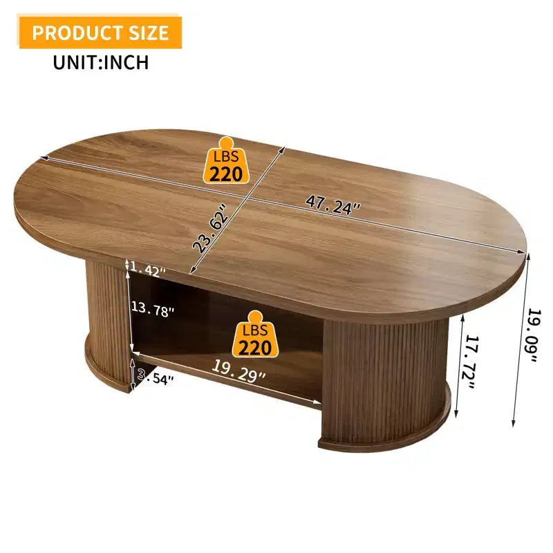 JVNOXK Oval Fluted Coffee Table, 47 Farmhouse-Style Wooden Double-Tier Coffee Table, Mid-Century Modern Coffee Table.