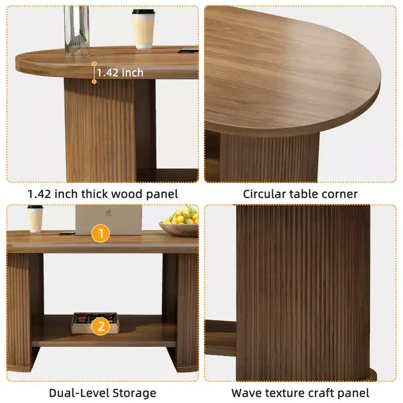JVNOXK Oval Fluted Coffee Table, 47 Farmhouse-Style Wooden Double-Tier Coffee Table, Mid-Century Modern Coffee Table.
