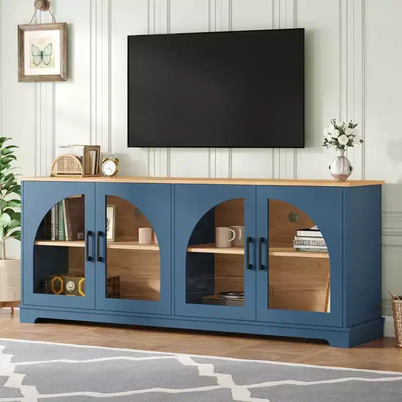 GDFStudio Vincent Farmhouse TV Stand with Semi-Arched Glass Doors