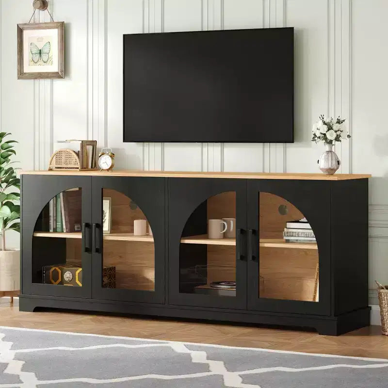 GDFStudio Vincent Farmhouse TV Stand with Semi-Arched Glass Doors
