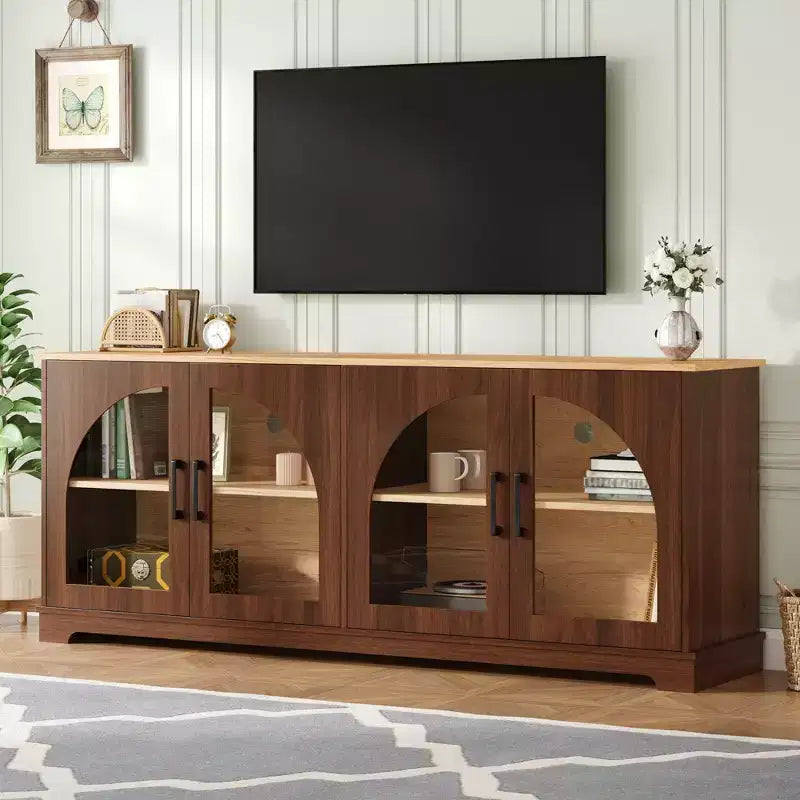 GDFStudio Vincent Farmhouse TV Stand with Semi-Arched Glass Doors