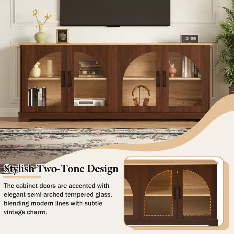 GDFStudio Vincent Farmhouse TV Stand with Semi-Arched Glass Doors