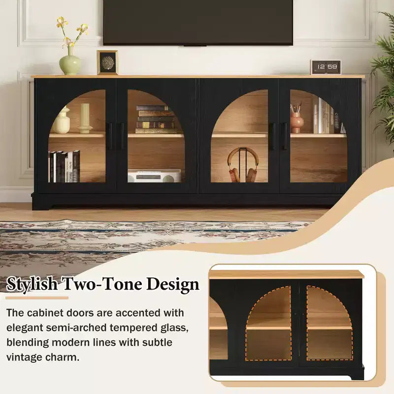GDFStudio Vincent Farmhouse TV Stand with Semi-Arched Glass Doors