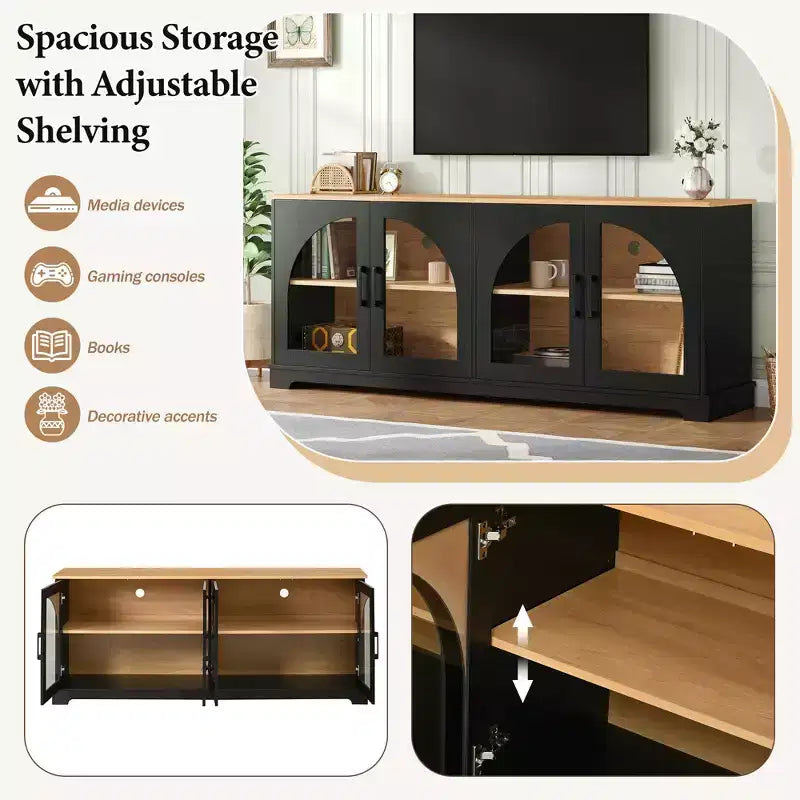 GDFStudio Vincent Farmhouse TV Stand with Semi-Arched Glass Doors