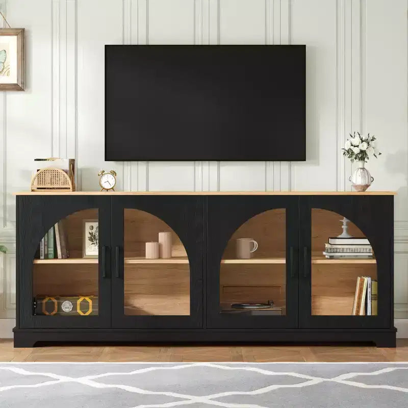 GDFStudio Vincent Farmhouse TV Stand with Semi-Arched Glass Doors