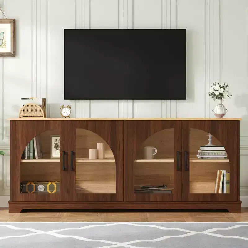 GDFStudio Vincent Farmhouse TV Stand with Semi-Arched Glass Doors