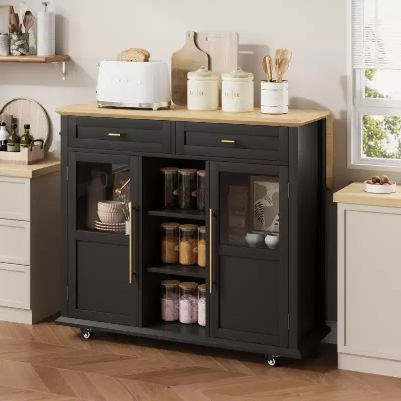 Rolling Kitchen Island Cart with Folding Drop Leaf, Breakfast Bar, Portable Trolley Island with Large Storage Cabinet, Shelf and Drawer