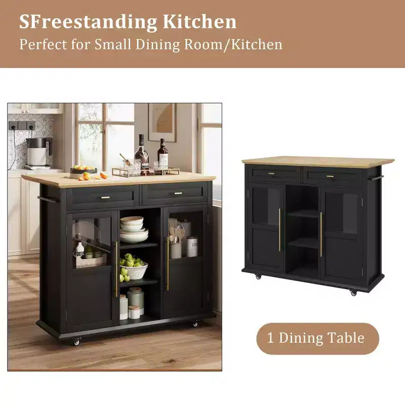 Rolling Kitchen Island Cart with Folding Drop Leaf, Breakfast Bar, Portable Trolley Island with Large Storage Cabinet, Shelf and Drawer