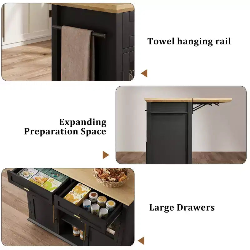 Rolling Kitchen Island Cart with Folding Drop Leaf, Breakfast Bar, Portable Trolley Island with Large Storage Cabinet, Shelf and Drawer
