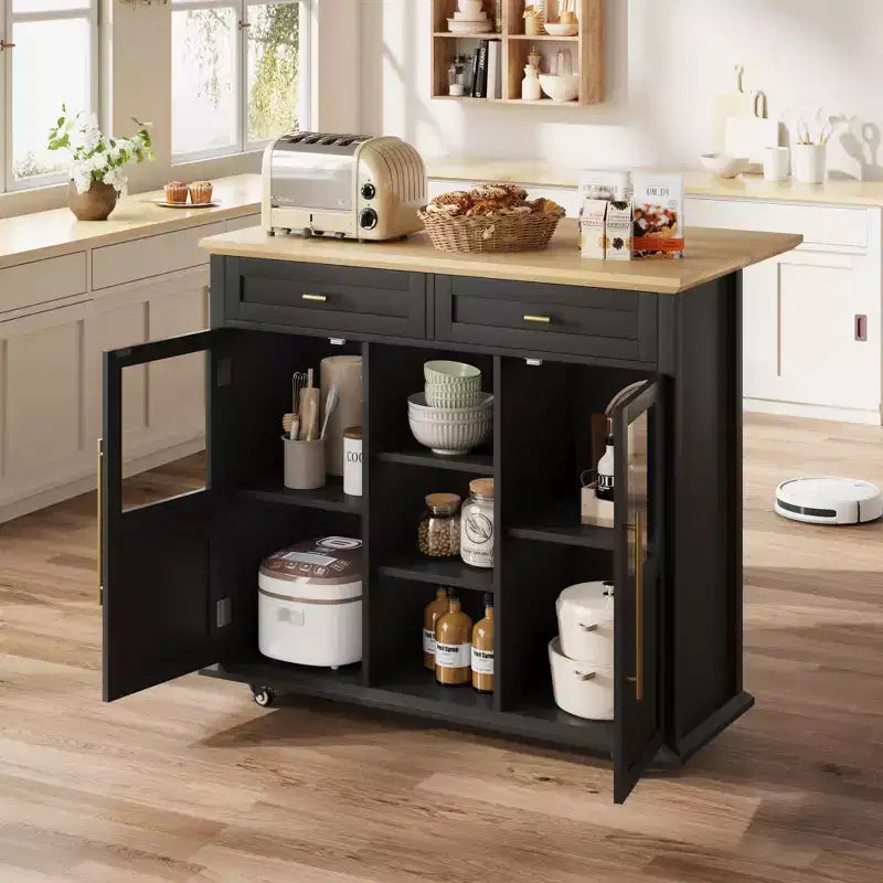 Rolling Kitchen Island Cart with Folding Drop Leaf, Breakfast Bar, Portable Trolley Island with Large Storage Cabinet, Shelf and Drawer