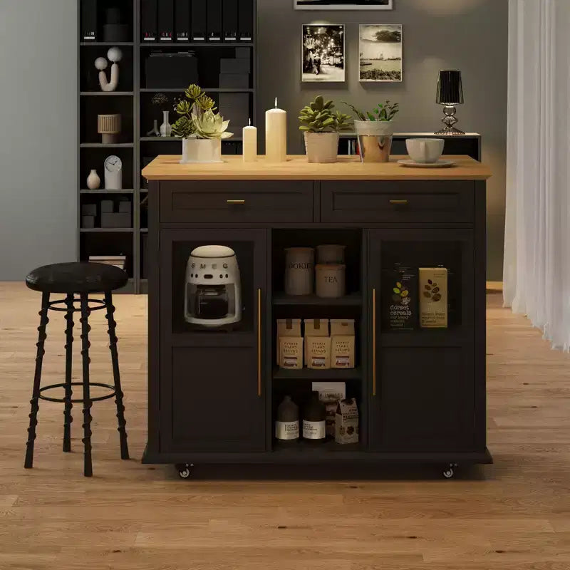 Rolling Kitchen Island Cart with Folding Drop Leaf, Breakfast Bar, Portable Trolley Island with Large Storage Cabinet, Shelf and Drawer