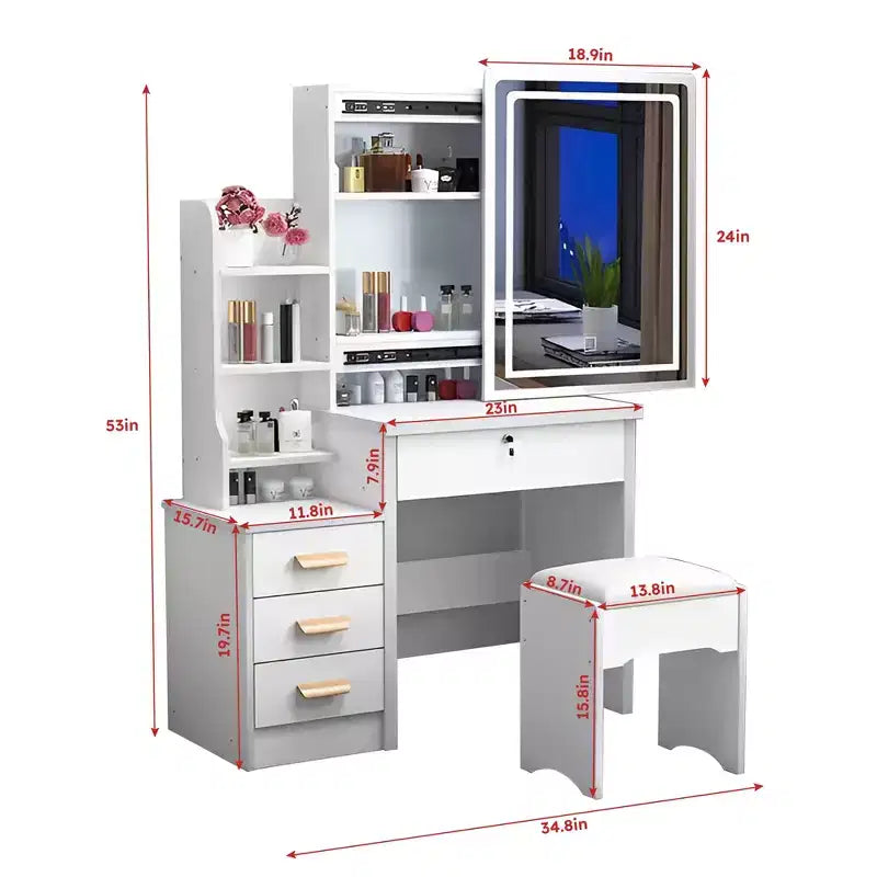 Vanity Desk with LED Mirror & Lights, Makeup Table with 4 Drawers, White