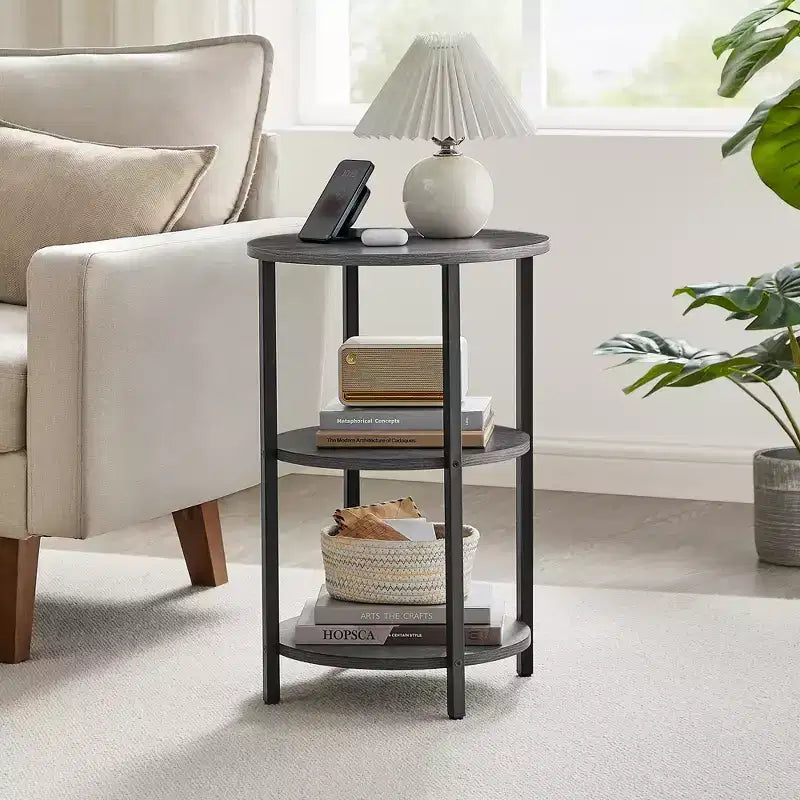 VASAGLE Sofa Side Table, Round Coffee End Table, 3-Tier Accent Table with Steel Frame, Gray