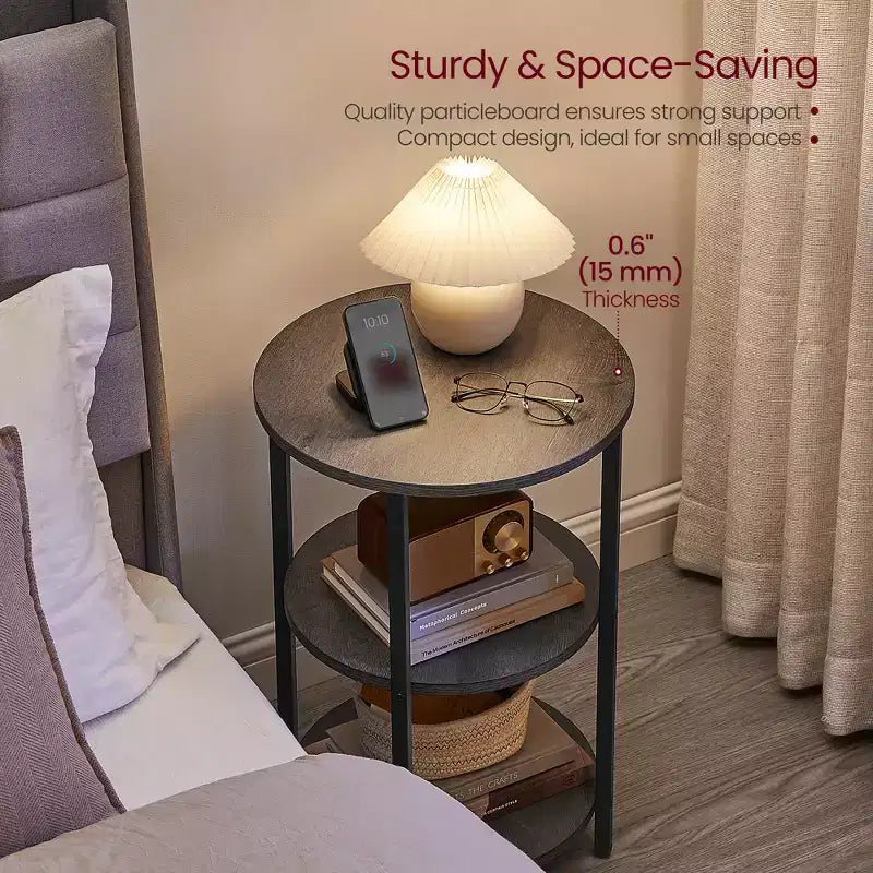 VASAGLE Sofa Side Table, Round Coffee End Table, 3-Tier Accent Table with Steel Frame, Gray