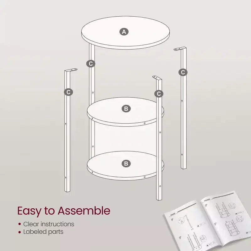 VASAGLE Sofa Side Table, Round Coffee End Table, 3-Tier Accent Table with Steel Frame, Gray