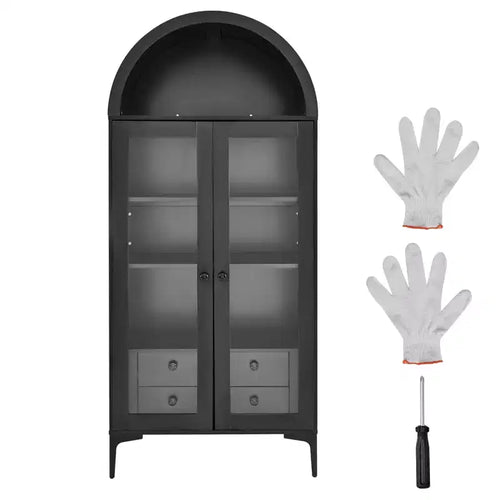 VEVOR Arched Display Cabinet with Glass Doors, 70 in Tall Curio Cabinet, 4-Tier Display Case with 2 Adjustable Shelves, Bookcase Bookshelf, Black