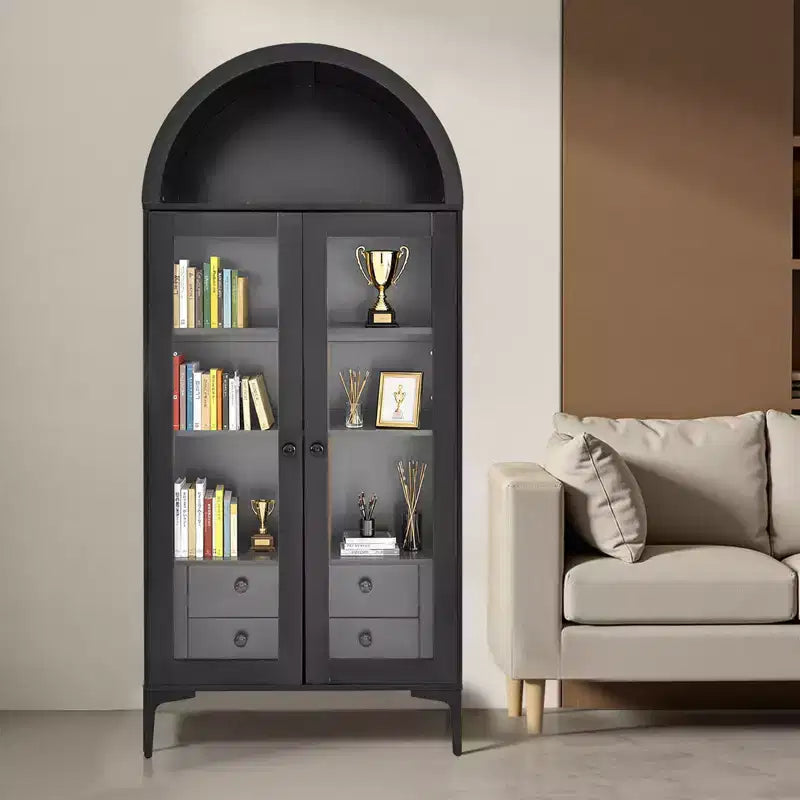 VEVOR Arched Display Cabinet with Glass Doors, 70 in Tall Curio Cabinet, 4-Tier Display Case with 2 Adjustable Shelves, Bookcase Bookshelf, Black