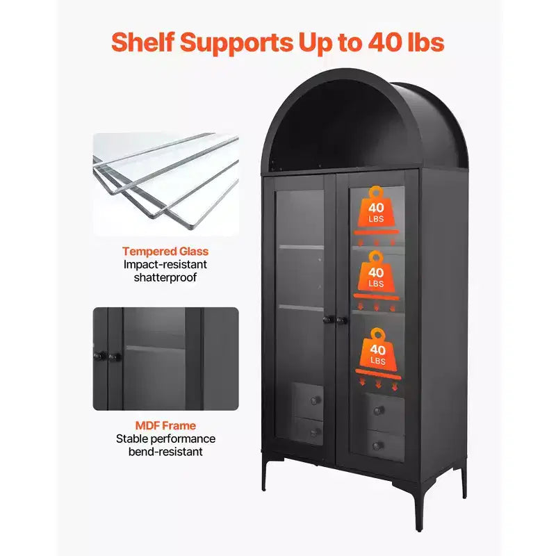 VEVOR Arched Display Cabinet with Glass Doors, 70 in Tall Curio Cabinet, 4-Tier Display Case with 2 Adjustable Shelves, Bookcase Bookshelf, Black