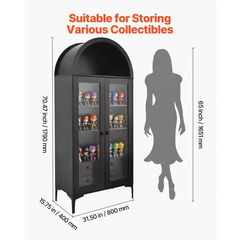 VEVOR Arched Display Cabinet with Glass Doors, 70 in Tall Curio Cabinet, 4-Tier Display Case with 2 Adjustable Shelves, Bookcase Bookshelf, Black