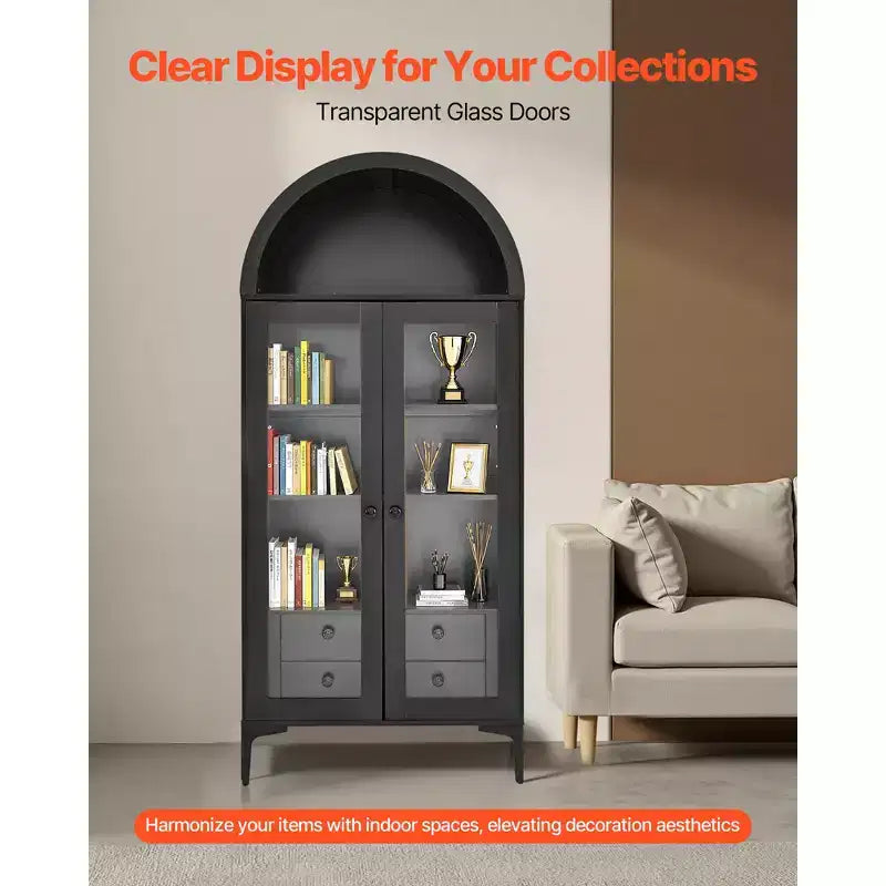 VEVOR Arched Display Cabinet with Glass Doors, 70 in Tall Curio Cabinet, 4-Tier Display Case with 2 Adjustable Shelves, Bookcase Bookshelf, Black