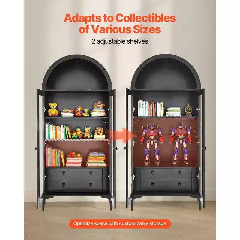VEVOR Arched Display Cabinet with Glass Doors, 70 in Tall Curio Cabinet, 4-Tier Display Case with 2 Adjustable Shelves, Bookcase Bookshelf, Black