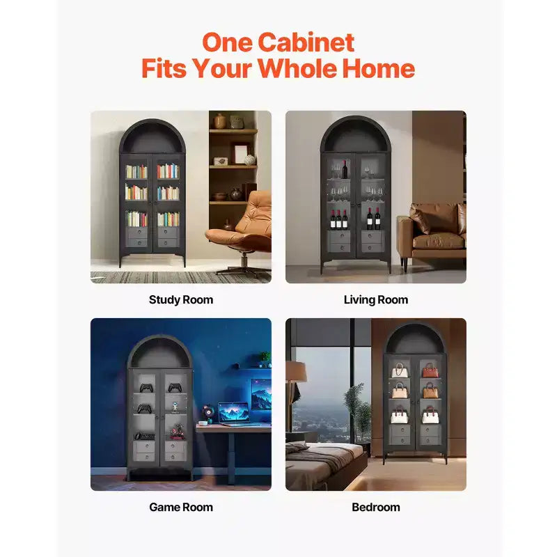 VEVOR Arched Display Cabinet with Glass Doors, 70 in Tall Curio Cabinet, 4-Tier Display Case with 2 Adjustable Shelves, Bookcase Bookshelf, Black