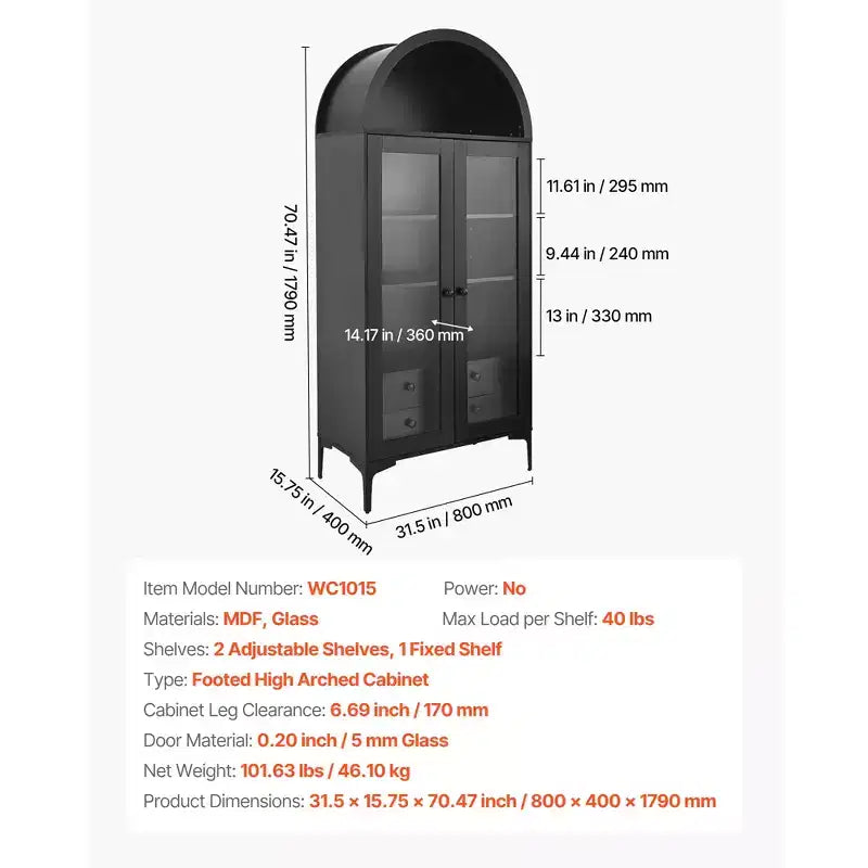 VEVOR Arched Display Cabinet with Glass Doors, 70 in Tall Curio Cabinet, 4-Tier Display Case with 2 Adjustable Shelves, Bookcase Bookshelf, Black