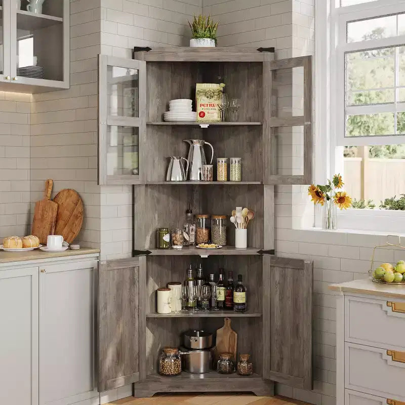 67 Tall Farmhouse Corner Storage Cabinet with Glass Doors, Wooden Hutch Organizer for Kitchen, Living Room, and Home Display
