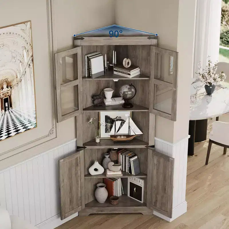 67 Tall Farmhouse Corner Storage Cabinet with Glass Doors, Wooden Hutch Organizer for Kitchen, Living Room, and Home Display