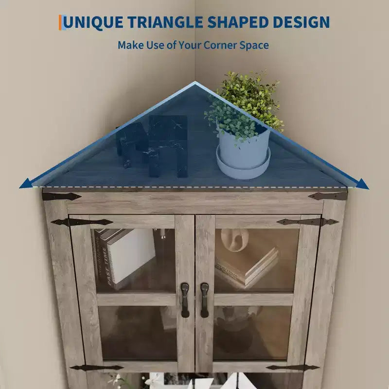 67 Tall Farmhouse Corner Storage Cabinet with Glass Doors, Wooden Hutch Organizer for Kitchen, Living Room, and Home Display