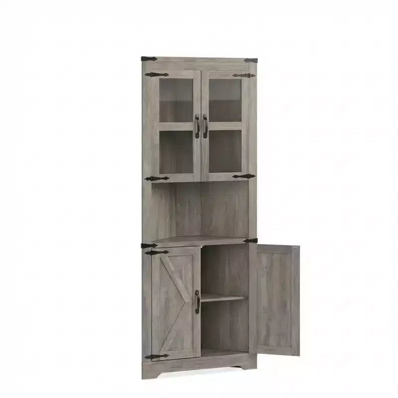 67 Tall Farmhouse Corner Storage Cabinet with Glass Doors, Wooden Hutch Organizer for Kitchen, Living Room, and Home Display