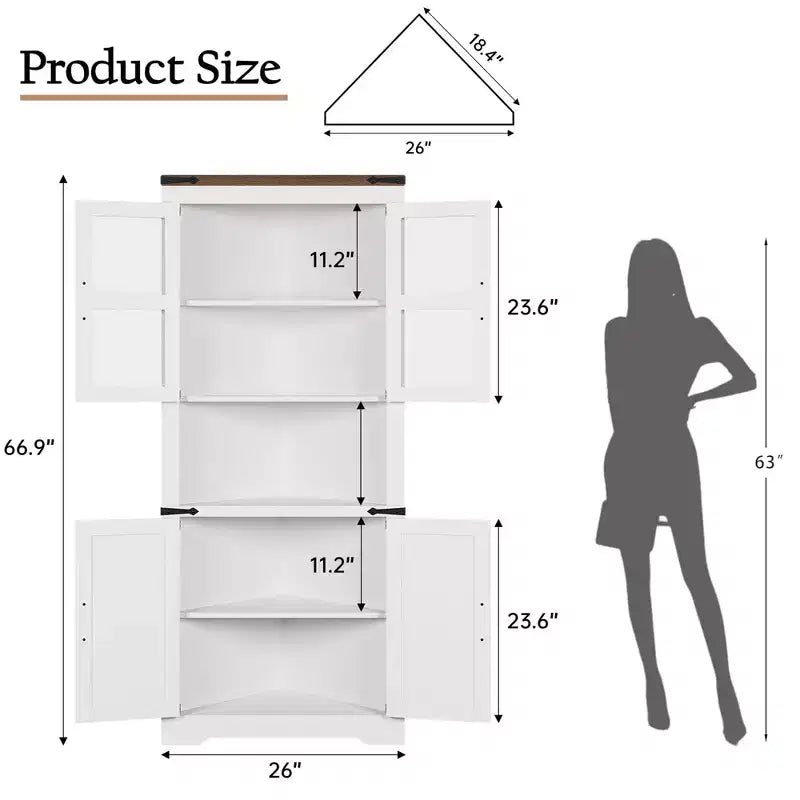 67 Tall Farmhouse Corner Storage Cabinet with Glass Doors, Wooden Hutch Organizer for Kitchen, Living Room, and Home Display