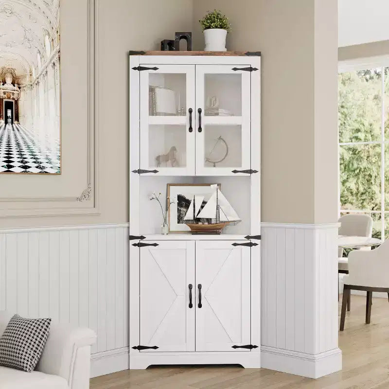 67 Tall Farmhouse Corner Storage Cabinet with Glass Doors, Wooden Hutch Organizer for Kitchen, Living Room, and Home Display