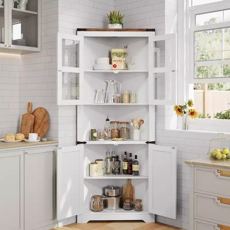 67 Tall Farmhouse Corner Storage Cabinet with Glass Doors, Wooden Hutch Organizer for Kitchen, Living Room, and Home Display