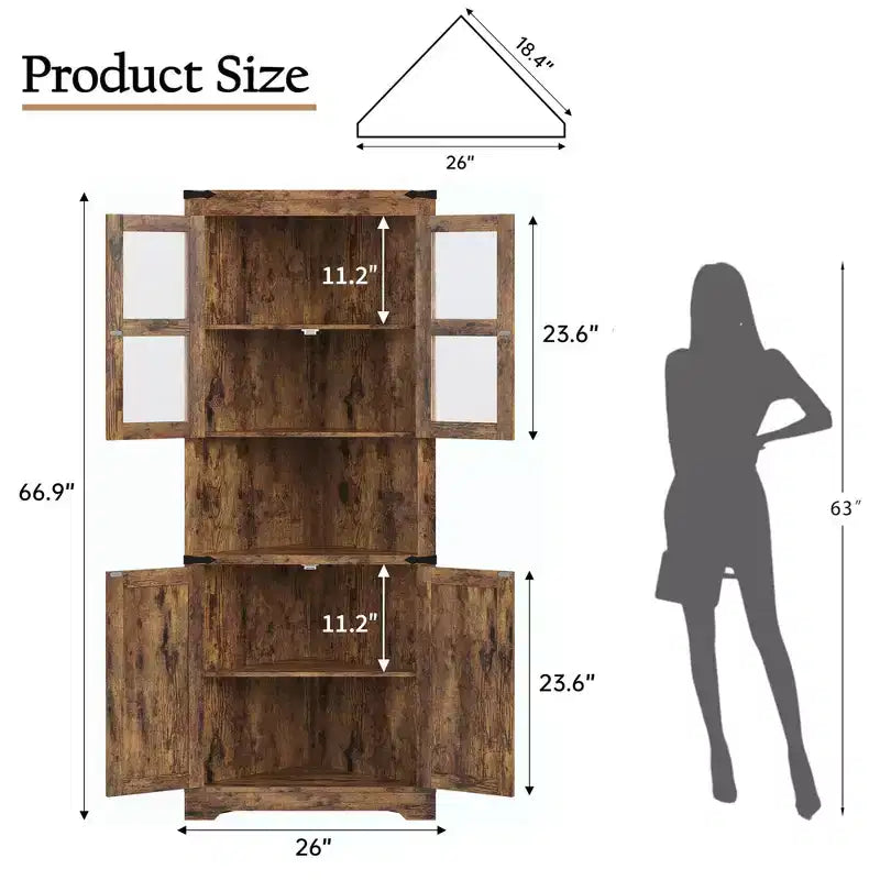67 Tall Farmhouse Corner Storage Cabinet with Glass Doors, Wooden Hutch Organizer for Kitchen, Living Room, and Home Display