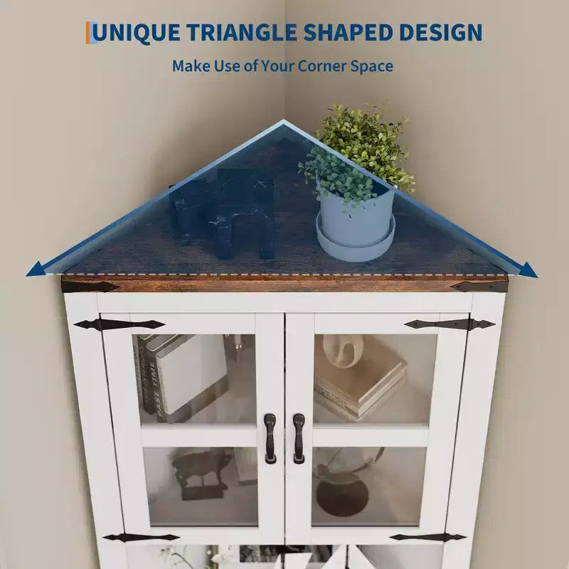 67 Tall Farmhouse Corner Storage Cabinet with Glass Doors, Wooden Hutch Organizer for Kitchen, Living Room, and Home Display