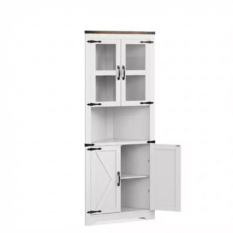67 Tall Farmhouse Corner Storage Cabinet with Glass Doors, Wooden Hutch Organizer for Kitchen, Living Room, and Home Display