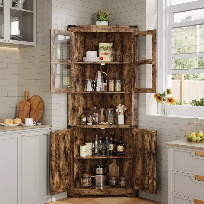 67 Tall Farmhouse Corner Storage Cabinet with Glass Doors, Wooden Hutch Organizer for Kitchen, Living Room, and Home Display