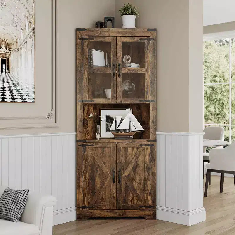 67 Tall Farmhouse Corner Storage Cabinet with Glass Doors, Wooden Hutch Organizer for Kitchen, Living Room, and Home Display