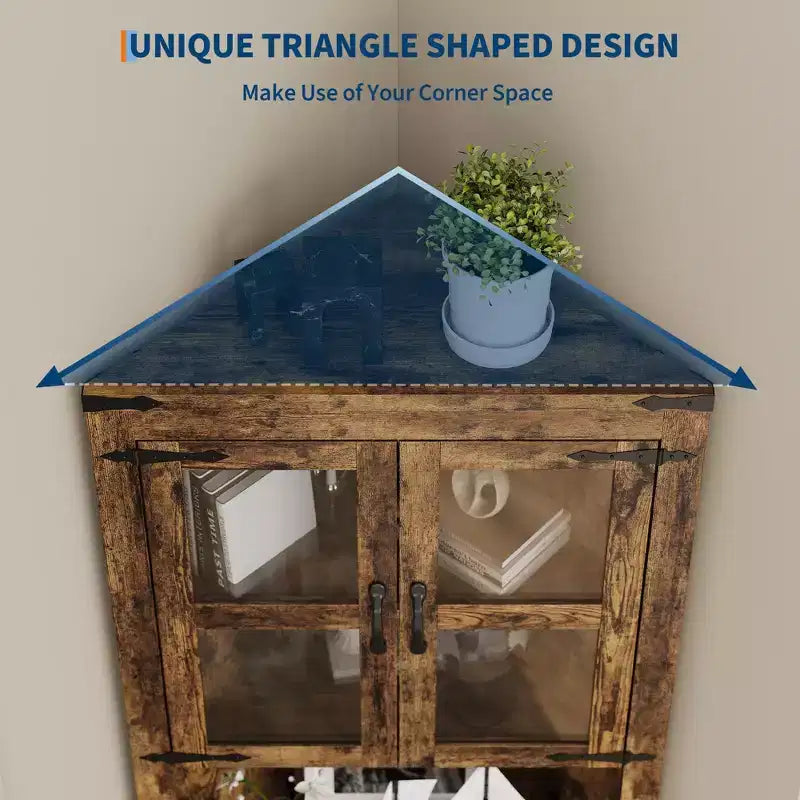 67 Tall Farmhouse Corner Storage Cabinet with Glass Doors, Wooden Hutch Organizer for Kitchen, Living Room, and Home Display