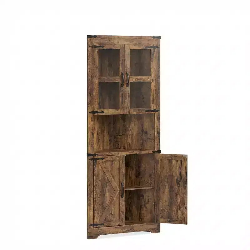 67 Tall Farmhouse Corner Storage Cabinet with Glass Doors, Wooden Hutch Organizer for Kitchen, Living Room, and Home Display