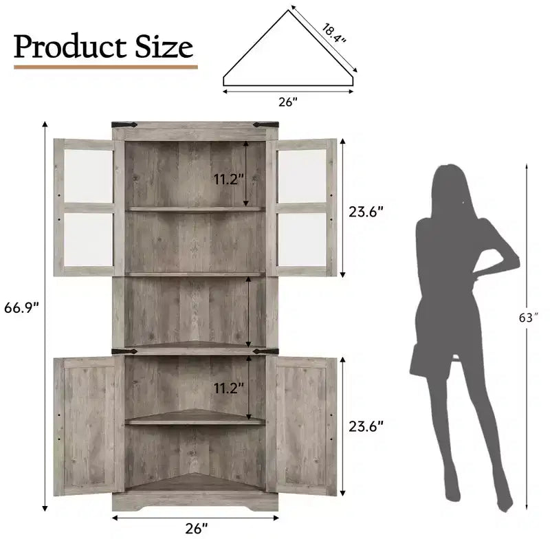 67 Tall Farmhouse Corner Storage Cabinet with Glass Doors, Wooden Hutch Organizer for Kitchen, Living Room, and Home Display