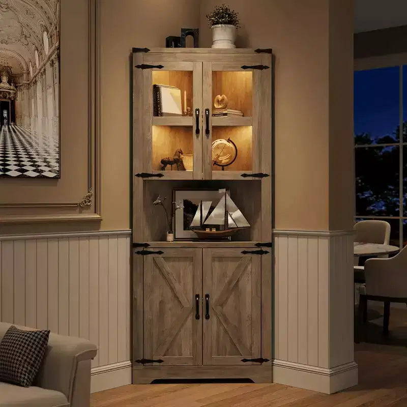 67 Tall Farmhouse Corner Storage Cabinet with Glass Doors, Wooden Hutch Organizer for Kitchen, Living Room, and Home Display