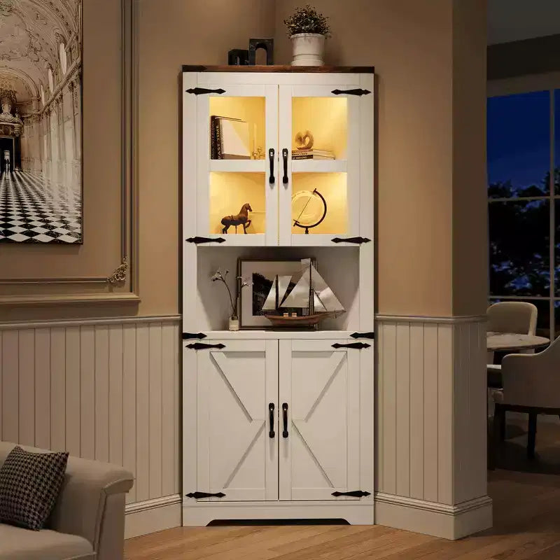 67 Tall Farmhouse Corner Storage Cabinet with Glass Doors, Wooden Hutch Organizer for Kitchen, Living Room, and Home Display